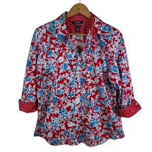 Chaps Floral Button Down Shirt Large Red White Blue No Iron‎ Cotton Patriotic